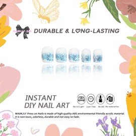 Christmas Press on Nails Medium Square MABKJLF French Tip Fake Nails Blue Gradient False Nails with Designs Snowflake Glitter Glossy Glue on Nails Xmas Acrylic Nails for Women Girls 24 Pcs