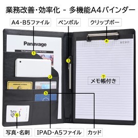 Panavage Binder A4 Clipboard PU Clip File Folio Multi-function Pen Holder with Pocket Business Card Holder with Notepad (Black)