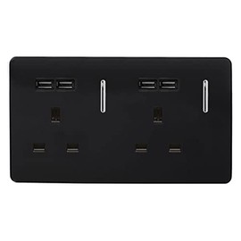Trendi 2 Gang Artistic Modern Glossy Screwless Raised 13 Amp 240v Short 4 USB Type A Charging Points Double Chrome Switched Electrical Wall Plug Socket Piano Black - ART-SKT213USBBK