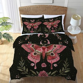 Juego de edredón de mariposas con estampado floral de polilla roja, juego de ropa de cama de luna estrellada, tamaño individual, matrimonial, tamaño king, para niñas, niños, adolescentes, adultos,