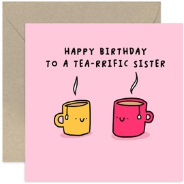 Old English Co. Cute Sister Birthday Card for Her - Fun Tea Pun 'Tea-rrific' Birthday Card for Sis - Birthday Gifts for Women - Hilarious Colourful Birthday Card for Her | Blank Inside