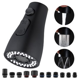 Kitchen Faucet Sprayer Head Replacement - Pull Down Faucet Spray Head with 11 Adapters, Pull Out Faucet Sprayer Nozzle, 3 Function Kitchen Tap Spray Spout Part Connector, Matte Black