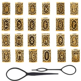 WUDQIJI Viking Rune Beard Beads Beard Beads 24 Pieces 10 × 13 mm Braided Rune Beads Viking Beard Jewellery Hair Beard Beads Beard Bead Viking for Braiding Bracelet Necklace DIY Pendant Jewellery (Gold), Zinc