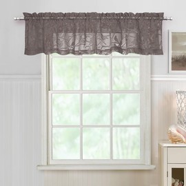 OVZME Brown Valances for Windows 14 Inch Length 2 Panels, Dual Rod Pocket Light Filtering Valances for Kitchen Cafe, Soft Airy Short Sheer Curtains with Leaf Bird Jacquard Clip Design, 2x38Wx14L