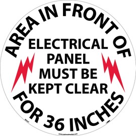 NMC WFS27 AREA IN FRONT OF ELECTRICAL PANEL MUST BE KEPT CLEAR FOR 36 INCHES Walk on Floor Warning Sign – 17 in. Diameter Pressure Sensitive Vinyl Sign with Black/Red on White