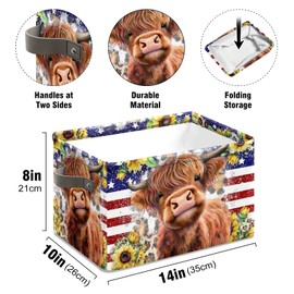 Patriotic American Cow Highland Storage Bins Oxford Fabric Storage Basket for Shelves for Organizing Closet Shelf Nursery Toy with Handles 10 x 14 x 8 inches