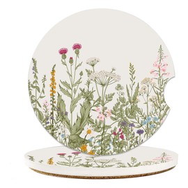 Herbs and Wilds Flowers Car Cup Holder Coasters, 2 Pack Cup Coasters Car Accessories Interior Aesthetic for Men Women, Absorbent Ceramic Coaster with Cork Back, Retro Car Decoration Gifts