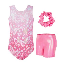 JiAmy Gymnastics Leotards for Girls with Shorts Set, 3Pcs Kids Gymnastics Athletic Outfit, Sleeveless Ballet Dancewear for Kids 8-9 Years