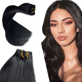 Clip in Hair Extensions,OiMiGO Jet Black 70g Clip ins Hair Extensions Real Human Hair Straight Remy Hair Clip in Hair Extensions 18 inch 5pcs with 12 Clips for Women (#1 Jet Black,18Inch)