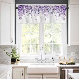 Anzona Curtain Valance 42" x 12", Purple Eucalyptus Leaves Window Valances Rod Pocket Curtains Drapes, Spring Floral Summer Botanical Short Topper Curtain for Kitchen Cafe Living Room, 1 Panel