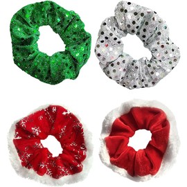4Pcs Christmas Hair Scrunchies, Glitter Sequin Hair Bands Velvet Scrunchy, Xmas Elastic Ponytail Holders, Christmas Hair Accessories for Women and Girls