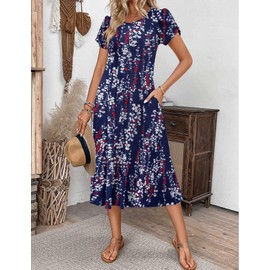 Zeagoo Sundresses for Women 2025 Short Sleeve Midi Dresses Flower Printed Sundress Floral Boho Summer Dress, Purple Floral,M