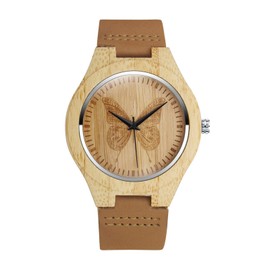 MicLee Men's Women's Wrist Watches, Men's Women's Bamboo Wood Watch, Butterfly Pattern Wooden Watch, with Leather Band, Natural Wood Quartz Watch, Decorative Casual Watch