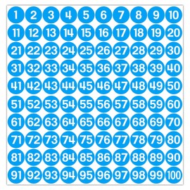 GamesMonkey® - Labels Numbers Stickers Circles - Light Blue - from 1 to 100 - (100-500 - 2500 Pieces)(10-25 mm) Waterproof Vinyl - Consecutive Inventory (10 mm - 1,0 cm, 100 Pieces - 1 Sheet)