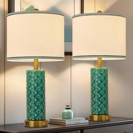 bdayanx Set of 2 Table Lamp for Living Room Bedroom Farmhouse,26'' Touch Control Bedroom Turquoise Ceramic Lamps 3-Way Dimmable Bedside Lamps with USB A+C Ports Linen Shade for Home