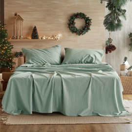 Bedsure Linen Sheets - Linen Bedsheets King Size, Blend from Linen Cotton Sheets, Breathable & Soft Cotton Bedsheets, Gifts for All Seasons, 4 Pieces, Green
