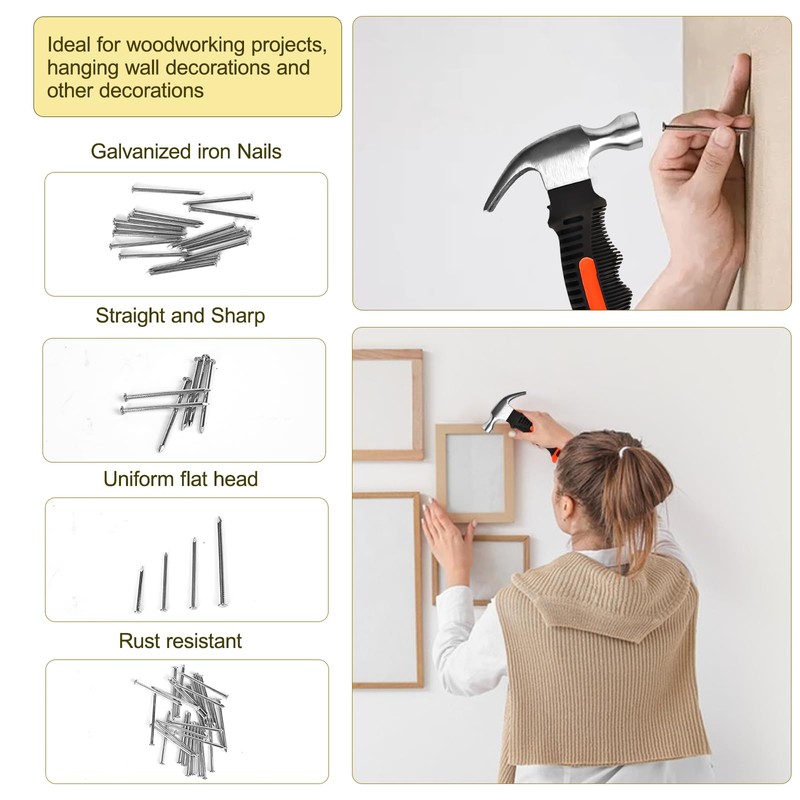 Hammer Set, 200 Pieces Wall Nails, Multifunctional Small Hammer, Claw