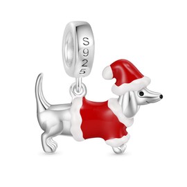 GNOCE Dachshund Dog Christmas Decor Pendant Dangle Charm 925 Sterling Silver Charm Fit Bracelet/Necklace Jewellery Gift for Women Girls Wife Daughter