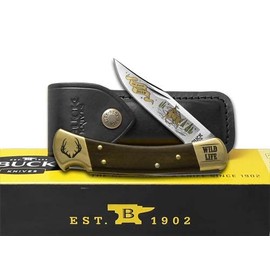 Buck 110 Wild Life Series Deer Ebony Wood Folding Hunter 420HC Stainless Pocket Knife Knives, Black (BK110WLS-DEER)