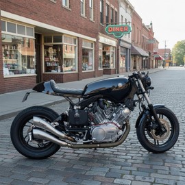 DKMOTORK 0399 Hump Motorcycle Retro Cafe Racer Seat with Diamond Pattern White Stitched（gloss black finish, subframe modification is required）