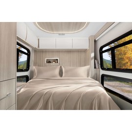 Homiest 4pcs RV Short Queen Satin Sheets Set Luxury Silky Satin Bedding Set with 10" Deep Pocket, Camper Queen Sheets, 1 Fitted Sheet + 1 Flat Sheet + 2 Pillowcases (RV Short Queen, Taupe)