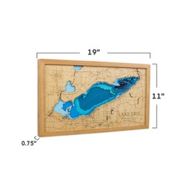 Multilayered Lake Erie Wood Map | Laser Engraved | Hardwood Framed Wall Art | 19" x 11" (Cherry Frame)