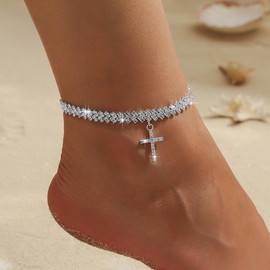 VRNGI Cross Anklets for Women Silver Ankle Bracelets for Women Waterproof Diamond Silver Anklets for Women Tennis Rhinestone Anklet Bracelet Plus Size Big Anklet