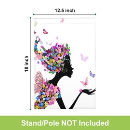 HGOD DESIGNS Butterflies Fairy Garden Flag 12x18 Inch Double Sided Pink Flowers Girl Floral African Women Spring Nature House Flag for Outside Burlap Seasonal Yard Decoration