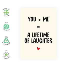 Sweet Love Greeting Card - 'You + Me = Lifetime of Laughter – Gifts for Couples, Partner, Boyfriend, Girlfriend, or Spouse – Anniversary, Valentine’s Day Greeting - Comes with Fun Stickers