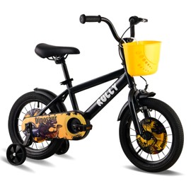 RULLY Dinosaur 16 Inch Boy's Bike for 4 5 6 7 Year Kid,Black & Yellow Dinosaur Theme Designs Kids Bicycle with Removable Training Wheels,Coaster Brake and Handbrake, Basket