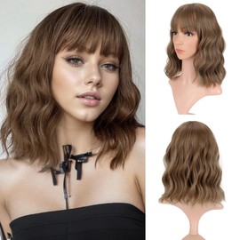 Wavy Wig Short Bob Brown Wigs Women's Wig With Bangs Curly Wavy Synthetic Cosplay Wig for Girl Costume Wigs Brown