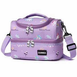 AUTOWT Lunch Box Bag for Kids, Insulated Double Compartments Toddler Children Cooler Bag Note with Detachable Shoulders Strap for Boys & Girls School Picnic Daycare Kindergarten (Purple Unicorn)