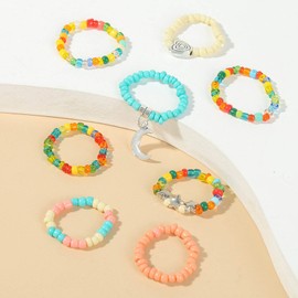 Inateannal Bohemian Stacking Beaded Rings Moon Charm Stretch Rings Cute Star Heart Acrylic Beads Rings Set Gifts for Women Girls Kids