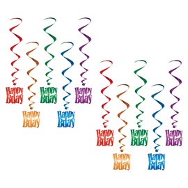 Beistle 10 Piece Colorful Metallic Plastic Happy Birthday Hanging Spirals Whirls Party Decorations, 33", Red/Orange/Green/Blue/Purple