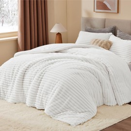 BEDELITE Fleece California King Comforter Set -Super Soft & Warm Fluffy Bright White Bedding, Luxury Fuzzy Heavy Bed Set for Winter with 2 Pillow Cases
