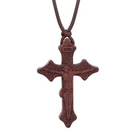 COTTVOTT Wood Orthodox Cross Pendant Necklace Christian Crucifix Necklace Prayer Jesus for Women Men (E-Red Color)