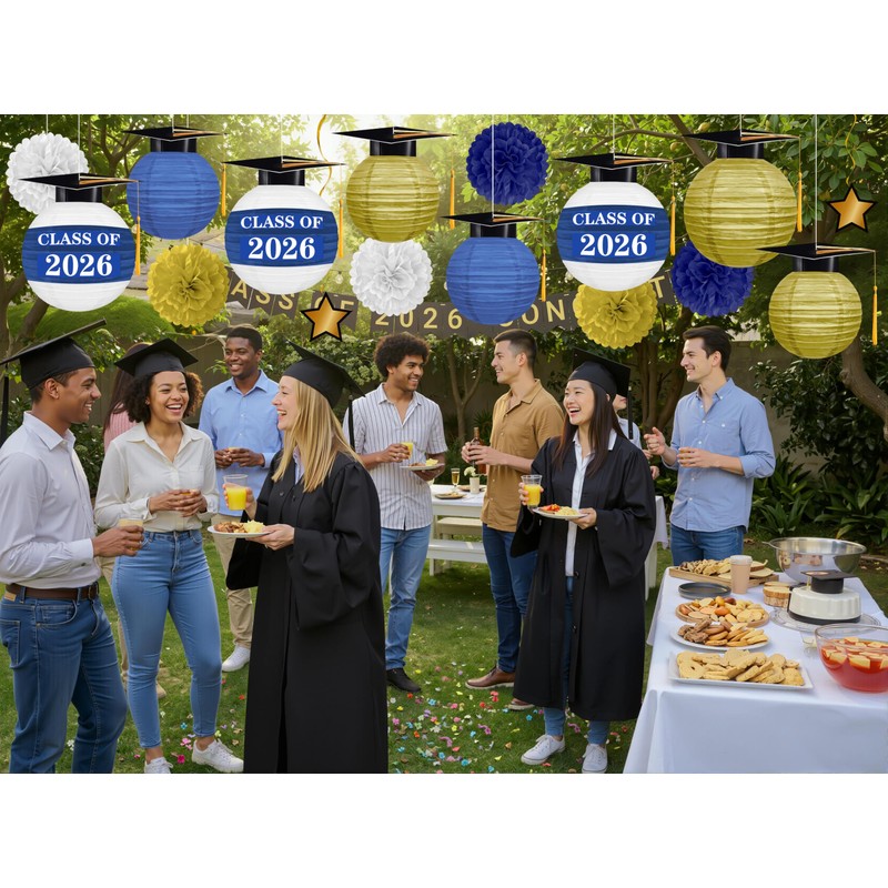 16Pcs Graduation Cap Paper Lanterns Party Decorations - Blue and