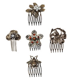 5PCS Vintage Bronze Hair Side Combs Pearl Rhinestone Metal Hair Clips With Teeth Grip Barrettes Pins for Women Hair Retro Accessories