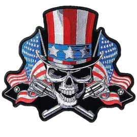 Angry Uncle Sam Skull Pistols USA Flag Biker Back Patch - 10 X 9 Inch Iron on