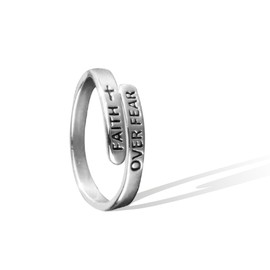 Faith Over Fear Ring Inspirational Jewelry Brass Rings with 925 Sterling Silver-plating with PU leather box Hand-hammered Adjustable Opening Ideal Gifts for Men Women