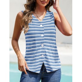 MEILANZJ Sweater Vest for Women Summer Tops Sleeveless Striped Button Up Tank Top Cardigan Fashion,Bright Blue Stripe,Small