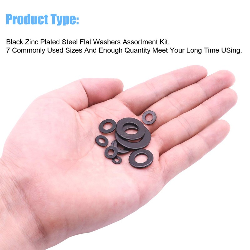 DWISHKEY 820Pieces 7 Sizes Black Zinc Plated Steel Flat Washers