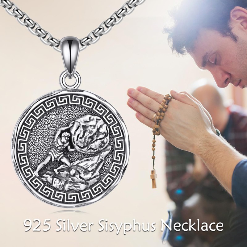 YFN Sisyphus Necklace Sterling Silver Religious Protector Pendant Greek God