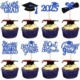 Cupcake-Topper für 8. Klasse, Glitzer, Diplom, Congrats Grad, 8. Klasse, Cupcake-Picks für 2024, Kinder, Jungen, Mädchen, 8. Klasse, Abschlussfeier, Party, Kuchendekoration, Zubehör, Blau, 24 Stück