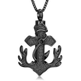 XSMZB Deer Antler Anchor Urn Necklace for Ashes Human Pet Fish Hook Cross Funeral Cremation Jewelry Keepsake Ash Pendant Memorial Necklaces(Black)