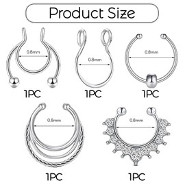 LunarCharm Pack of 5 Fake Septum Ring Made of Stainless Steel Septum Nose Ring Clip Fake Septum Nose Rings Fake Nose Ring Septum Fake Nose Ring Septum Fake Nose Ring