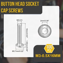 DTGN M3-0.5x16mm Button Head Socket Cap Screws - 100Pack - Good for Road Bicycle, Mountain Bike, Auto, Motorcycle - 304 Stainless Steel Whitewashed - Hex Socket Drive Fasteners