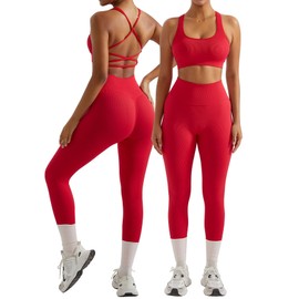 OMKAGI Women Ribbed Workout Sets Seamless Strappy Sport Bra Butt Lifting Leggings Outfits(S,04-Red)