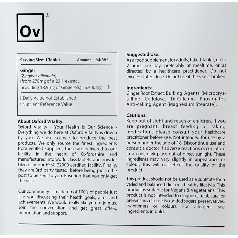 Ov OXFORD VITALITY Ginger Tablets | Ultra Strength 6400mg Supplements