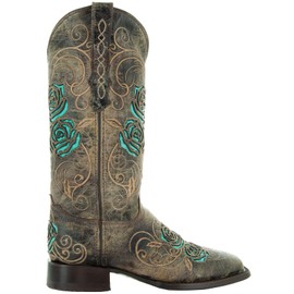 Soto Boots Women's Turquoise Rose Cowgirl Boots, M50056 (5.5) Brown, Genuine Leather, Handcrafted, Calf High, Square Toe, Embroidered